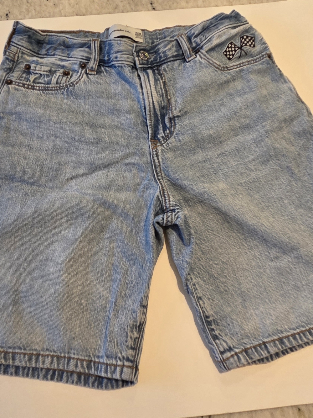 abercrombie kids light blue denim jean shorts with flag embroidery